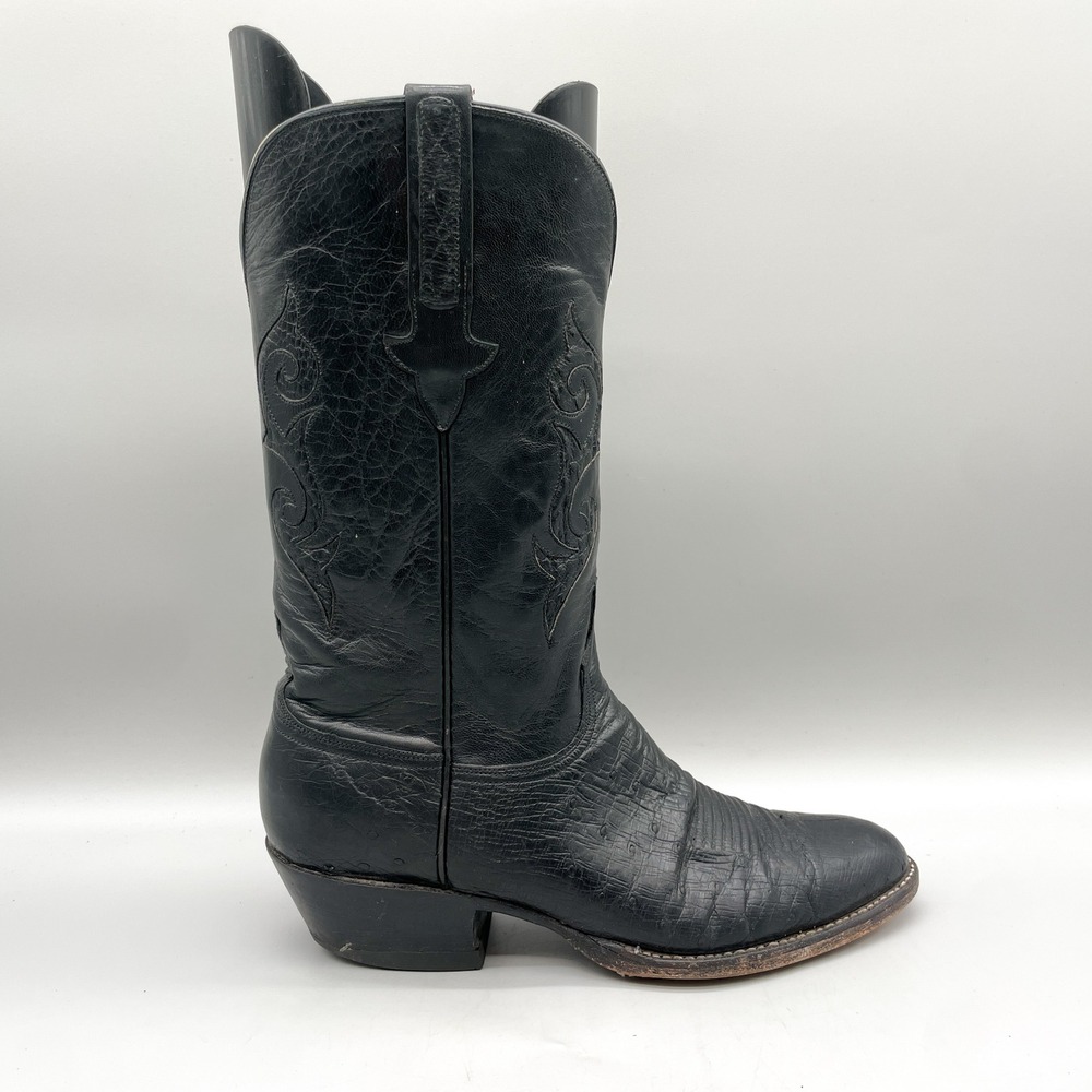 Lucchese Mens 9.5 D Western Cowboy Boots Black Leather Ostrich Leg Exotic Rugged